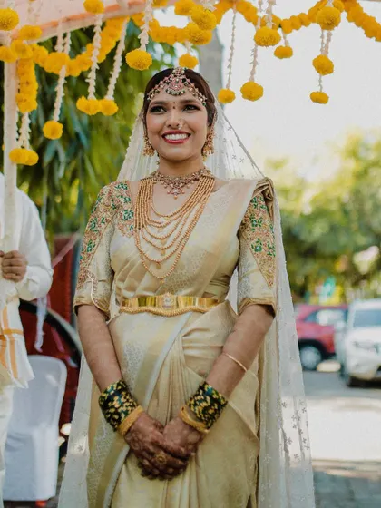 Our official ManSi bride, Jothi, looking ethereal on her wedding day. I curated her entire look, from the stunning Kanjeevaram saree and custom embroidered blouse to her beautiful bridal jewellery.