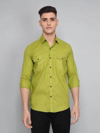 A standard front-facing model shot of a men's green shirt against a neutral grey backdrop. This is the essential hero image for any e-commerce product listing, showing the full garment clearly.