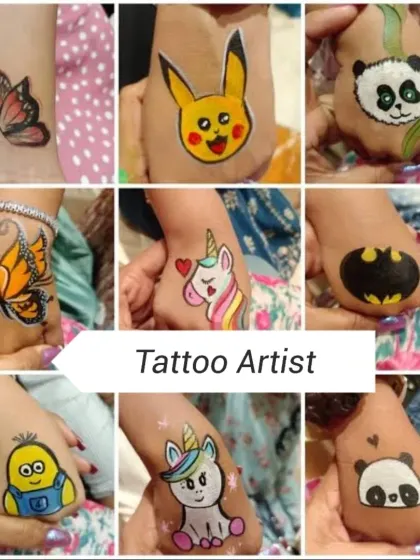 Our temporary tattoo artists are always a crowd-pleaser. We offer a wide range of kid-friendly designs, from unicorns and butterflies to Batman and Pikachu, all applied safely by our professional team.