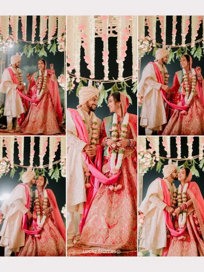 A collage of moments from the Varmala ceremony, showing the exchange, the kisses, and the shared looks of love.