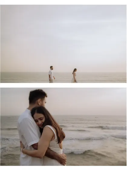 This two-panel image contrasts distance and closeness. The top photo shows the couple walking apart on the beach, creating a sense of anticipation, while the bottom photo is a warm, intimate embrace, resolving the narrative.