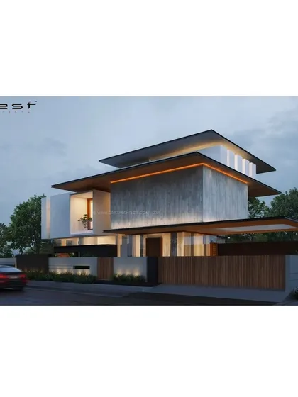 An evening view render of 'The Parasol.' This visualization explores how artificial lighting can be used to accentuate the floating roof planes and the warm texture of the concrete walls.