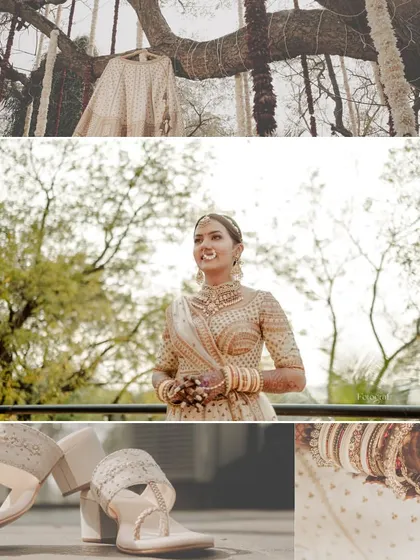 A collage showcasing the details of the bride's all-white wedding look, from her lehenga hanging in a tree to her shoes and jewelry.