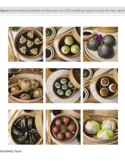 A glimpse into our Boutique Asian Cuisine expertise. This collage displays nine different varieties of our handcrafted dim sum, from classic crystal dumplings to colorful and innovative creations, all served in traditional bamboo steamers.