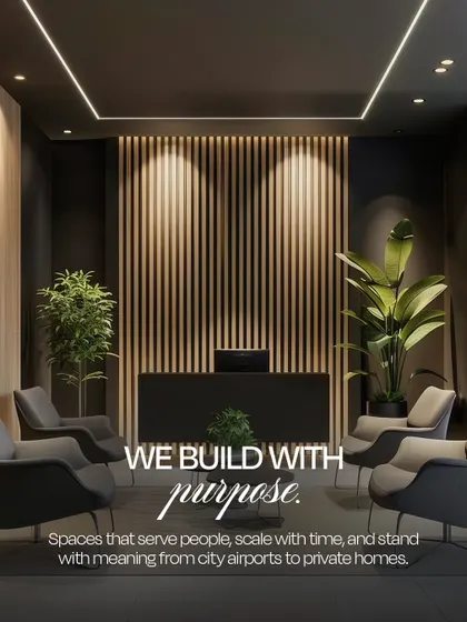 An elegant reception or waiting area with vertical wood slats and comfortable seating. This image underscores our principle of building with purpose, creating spaces that serve people and scale with time.