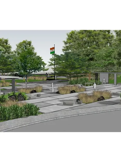 This plaza space is designed as a common gathering ground. Existing rocks and boulders are placed aesthetically as sculptures, and shaded seating is provided amidst a naturalistic garden setting that retains existing trees.