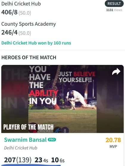 The match result showing a dominant win, powered by Swarnim Bansal's MVP performance of 207 runs.