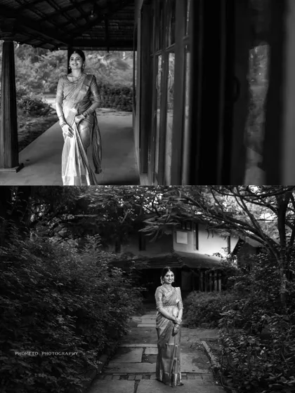 A pair of artistic black and white portraits of the bride, showcasing her elegance and the beauty of the surroundings.