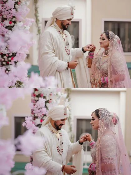 A collage of the couple exchanging rings during their Anand Karaj ceremony.