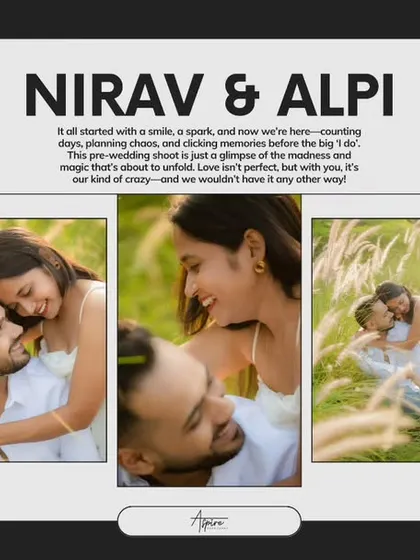 A collage of incredibly sweet and intimate close-ups of Nirav and Alpi. These photos, filled with smiles and gentle embraces, perfectly capture the 'Soulmate' feeling of their relationship.