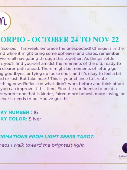 A weekly tarot prediction for Scorpio. Embrace the unexpected. Change is in the air, and this is your chance to create something new and build a clearer path ahead.