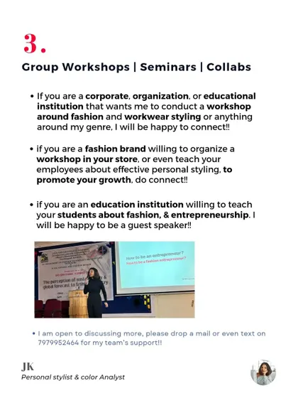 A graphic detailing my group workshop, seminar, and collaboration services for corporates, brands, and educational institutions.