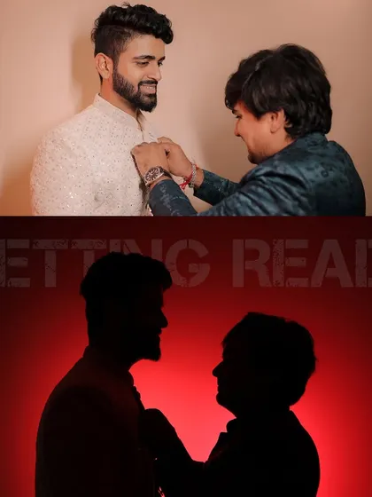 A touching moment between the groom and a loved one helping him get ready. The silhouette shot adds a layer of emotion and artistry to this behind-the-scenes moment.