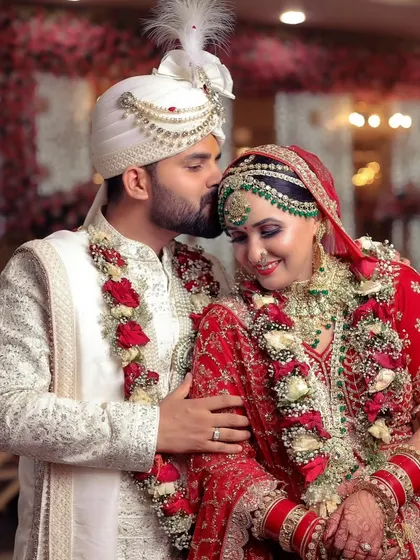 A tender kiss on the forehead, a timeless romantic gesture captured on the wedding day.