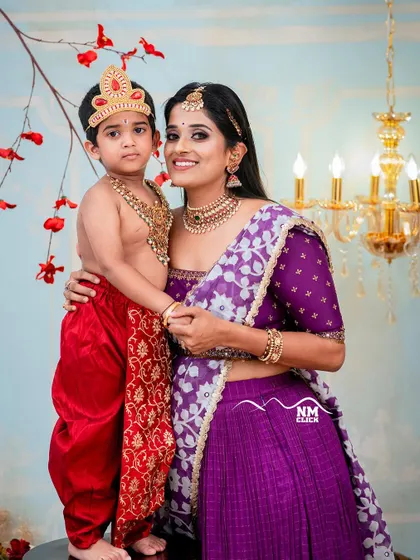 A beautiful portrait of a mother and her son during our Krishna themed photoshoot. We ensure both mother and child are comfortable, allowing us to capture these moments of genuine affection and connection.
