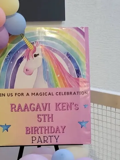 A personalized welcome sign for a 5th birthday unicorn party, setting the magical theme from the moment guests arrive.