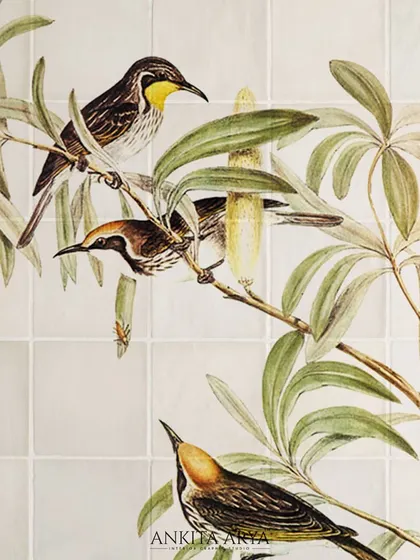 A close-up of the finished ceramic tile mural. The detailed illustration and soft, natural colors bring a touch of botanical elegance to what would otherwise be a plain surface.