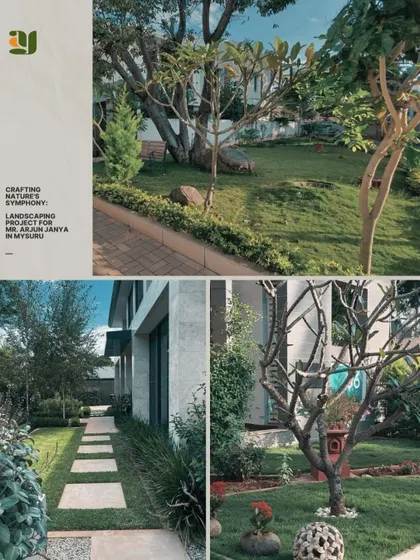 This collage presents the landscape I designed for musician Arjun Janya in Mysuru, focusing on clean lines, sculptural trees like the Frangipani, and a harmonious blend of lawn and hardscaping.