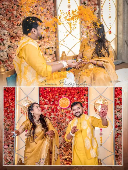 A collage of a couple enjoying their Haldi ceremony, with flower petals being showered on them.