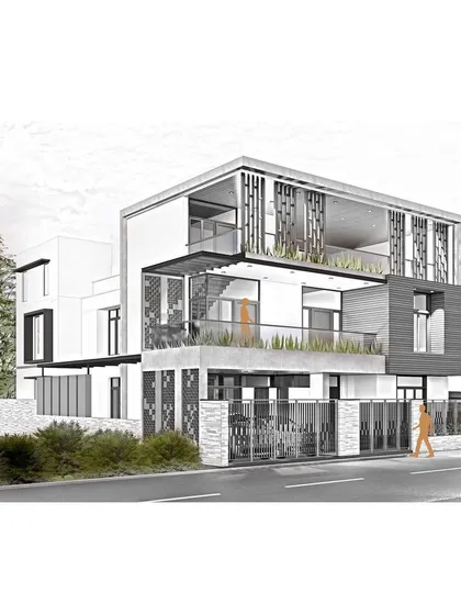 This elevation sketch for a villa in Bangalore shows a design that bathes living spaces in natural light. Green elements are introduced at multiple levels, creating a biophilic connection and softening the modern, geometric forms.