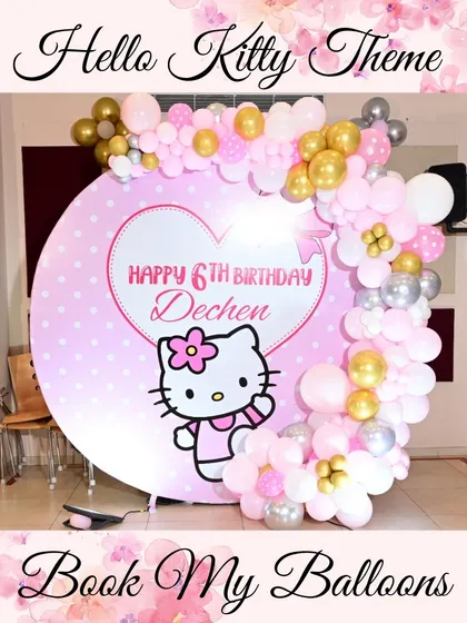 Dechen celebrated her sixth birthday with this sweet and simple Hello Kitty theme. A large circular backdrop featuring the iconic character was framed by a lovely pink, white, and gold balloon garland.