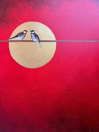 The full composition of the bird painting, showcasing the rich, blended red background.