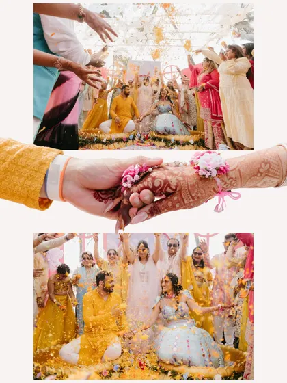 A collage of a Haldi ceremony, capturing the couple holding hands, being showered with flowers, and surrounded by celebrating family.