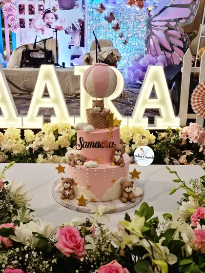 A grand three-tiered teddy bear and hot air balloon cake for a first birthday. I made this on very short notice, and I'm so proud of how beautifully it turned out.