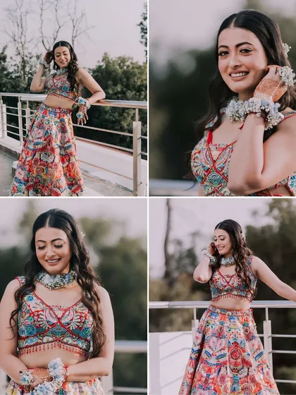 A collage of the bride looking absolutely radiant in her colorful outfit before her Haldi ceremony.