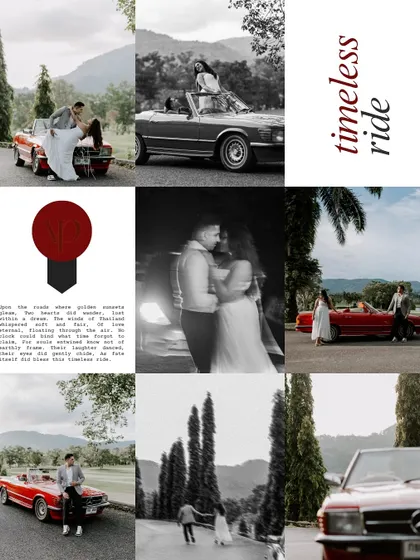A mood board-style collage from the "Timeless Ride" series in Thailand. This format tells a more complete story, showcasing different angles, black and white edits, and detail shots from the pre-wedding session.