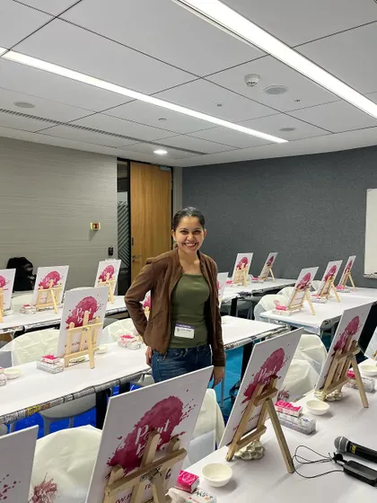 All set up and ready for a workshop in a corporate conference room. I can transform any space into a temporary art studio.