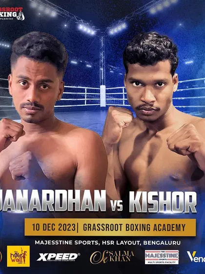 The official fight poster for Coach Kishore's professional bout. Our coaches don't just talk the talk, they step in the ring and prove it.
