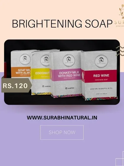 We offer a variety of brightening soaps for just Rs. 120. This includes our Goat Milk with Almond, Coconut, Donkey Milk with Red Wine, and Red Wine soaps.