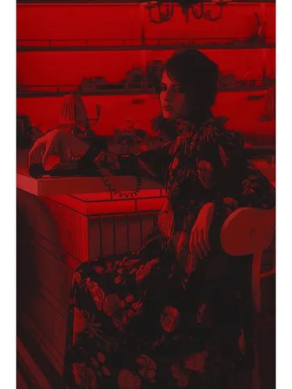 The scene is drenched in a dramatic red, a signature of the cinematic inspiration. The styling of the floral dress against the stark red background creates a powerful visual contrast.
