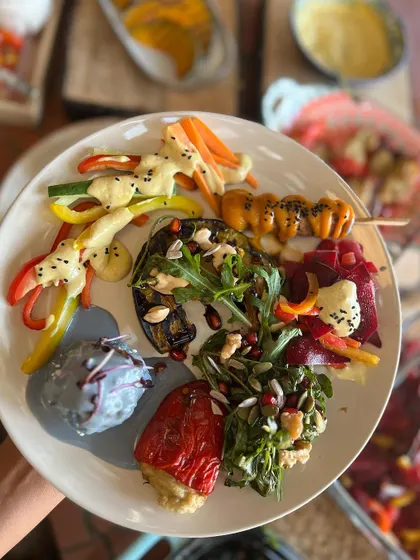 A plate celebrating the colors of Holi and the colors of health. This beautiful platter features a variety of plant-based dishes, including stuffed peppers, fresh salads, and vegetable skewers, showcasing the artistry of healthy eating.