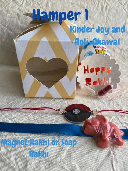 This is my basic Rakhi hamper, with a choice of magnet or soap Rakhi, Kinder Joy, and roli-chawal.