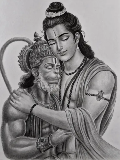 This pencil sketch captures the pure devotion in the embrace between Lord Ram and his greatest devotee, Hanuman. The entire piece is rendered in black and white, using shading to convey the deep emotion and serenity of the moment.