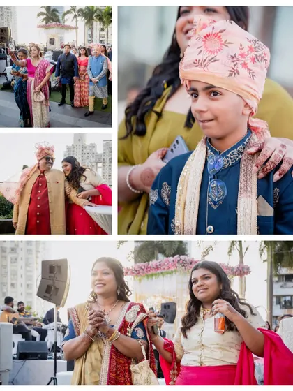 A collage of candid moments from the anniversary celebration, showing guests arriving and family members enjoying the event.