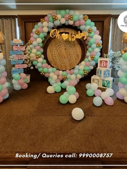 Welcoming a new baby is a joyous occasion. We design adorable baby shower and first birthday decorations, like this "Oh Baby" theme with soft pastel balloon wreaths, custom blocks, and cute baby-shaped foil balloons.
