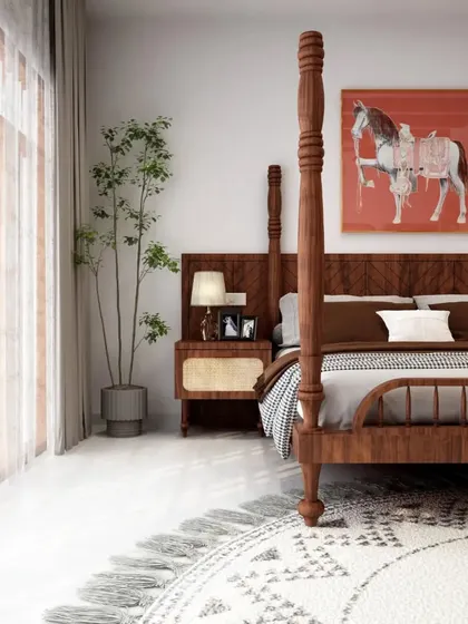 A bedroom featuring a classic wooden four-poster bed with intricate details. The use of natural materials like wood and rattan, combined with a neutral color palette, creates a warm and earthy feel.