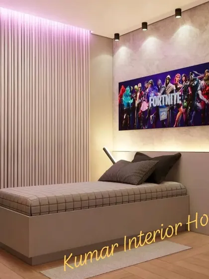 A Fortnite-themed bedroom with a large wall poster and minimalist furniture.
