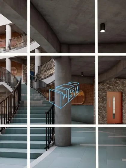 A collage of detailed renders focusing on the interior materiality. This visual exploration shows the textures of the exposed brick, the finish of the Kota stone flooring, and the dynamic lines of the staircases.