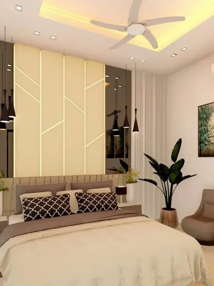 This bedroom 3D visualization features a unique backlit geometric panel on the headboard wall. The design balances this statement piece with warm, ambient lighting from the false ceiling and stylish pendant lights.