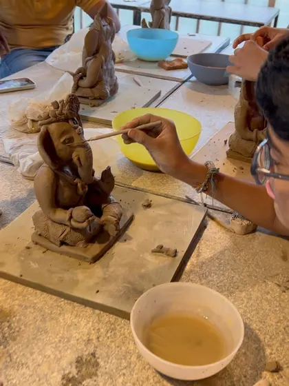 Glimpses from our Ganesha making workshops. You can see participants of all ages learning to sculpt, adding details, and bringing their beautiful idols to life under my guidance.