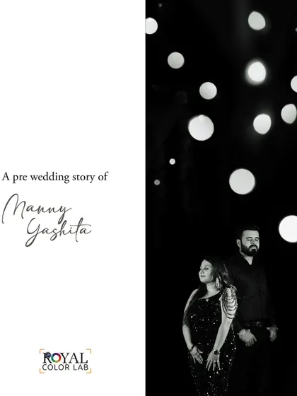 A stylish black and white portrait of a couple against a backdrop of bokeh lights, creating a glamorous and modern pre-wedding story.