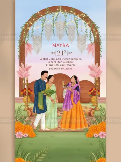 This invitation for a Mayra ceremony is filled with the vibrant colors of the ritual. The illustration depicts the family participating in the tradition under a beautiful floral arch, celebrating a moment of joy and blessings.