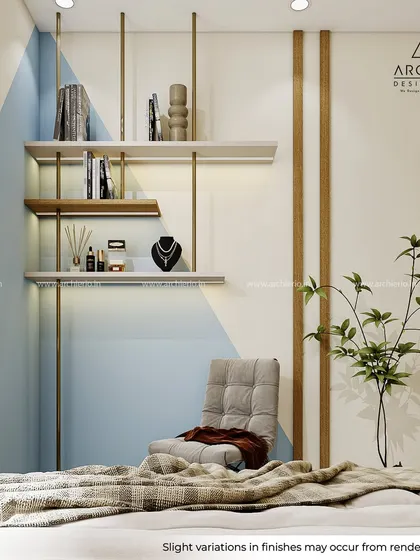 A cozy reading corner in the bedroom, featuring stylish suspended shelves and a comfortable floor chair. The design makes smart use of a small space to create a functional nook.