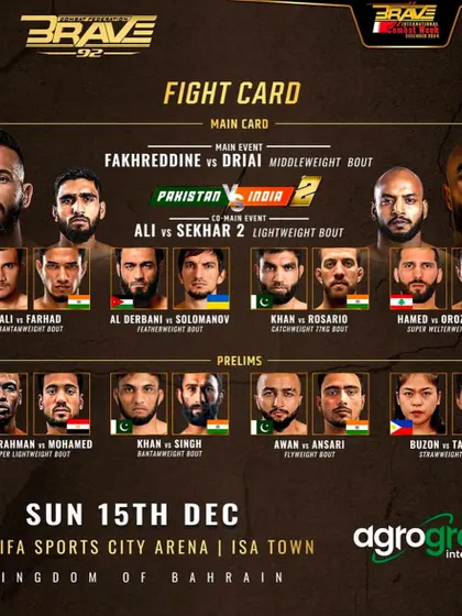 The fight card for Brave MMA's India vs Pakistan 2, featuring my athletes Seth Rosario and Yadwinder Singh, both ready to represent the nation.