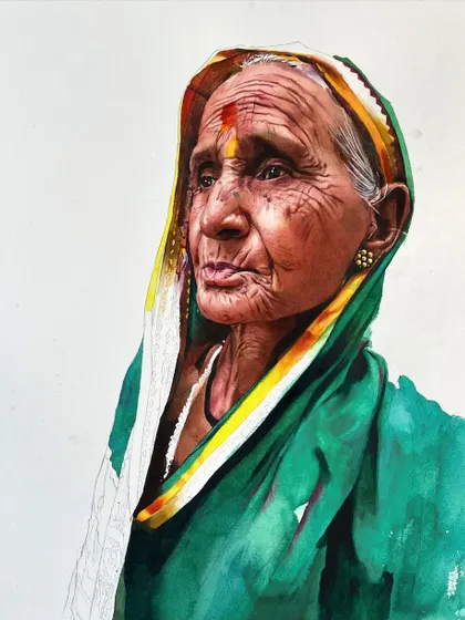 A work-in-progress shot of the composite portrait. Here, the grandmother's face is nearly complete, while the background figure is still being sketched in, showing the planning of the composition.