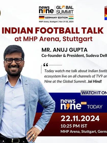 An announcement for my talk on the Indian football ecosystem at the MHP Arena in Stuttgart, broadcast live on TV9 and News Nine.